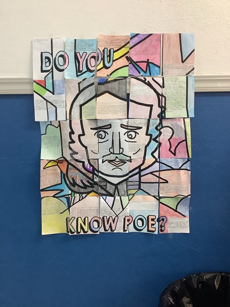 For this project, each student wrote a paragraph about suspense in Poe’s works. They each colored their paragraph, and when the pages were put together, they were surprised to see Poe’s face!